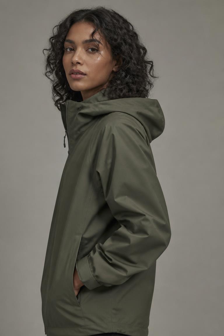 An olive hooded rain shell shown on Maya